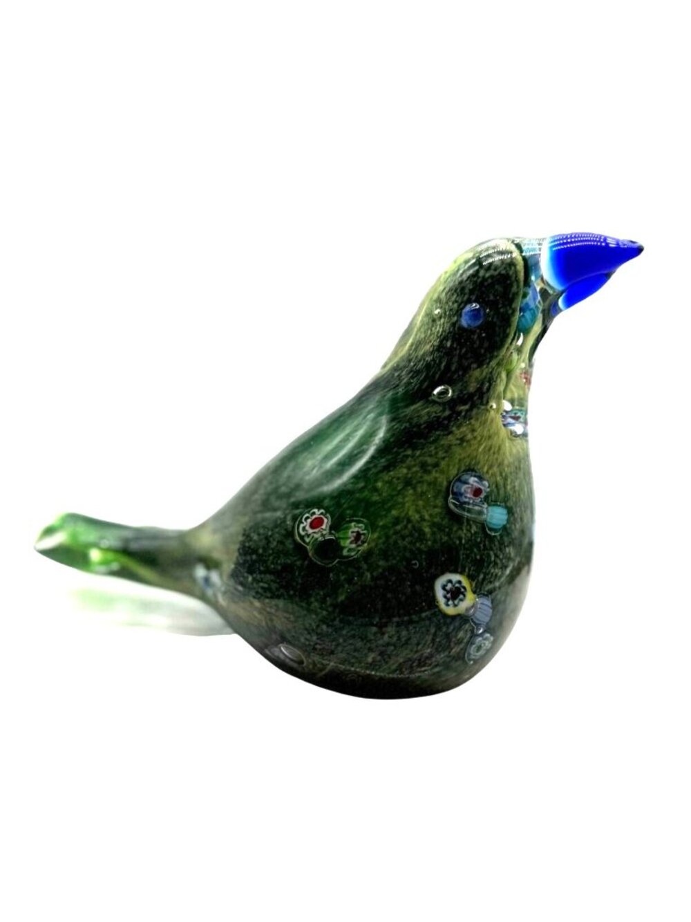 Handblown Green Millefiori Art Glass Bird Figurine Blue Beak Tail  5.5 L X 4" H - Picture 3 of 6